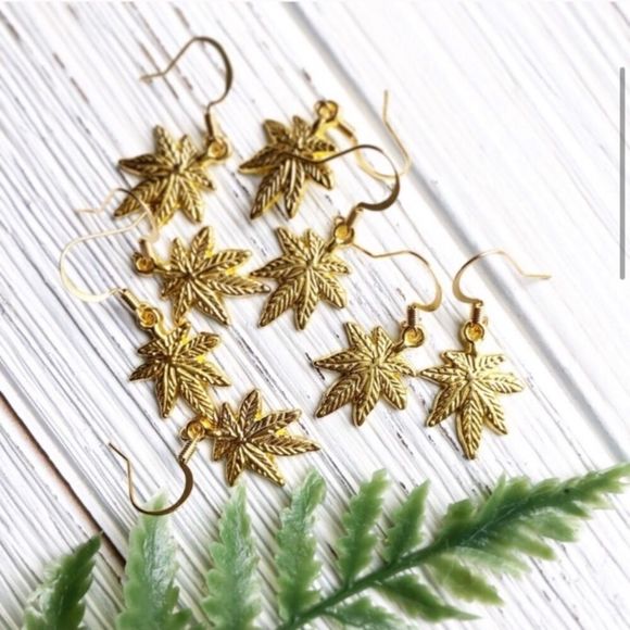 Wild Mary Jane 420 Pot Leaf 18K Gold Dangle Earrings - Picture 2 of 5